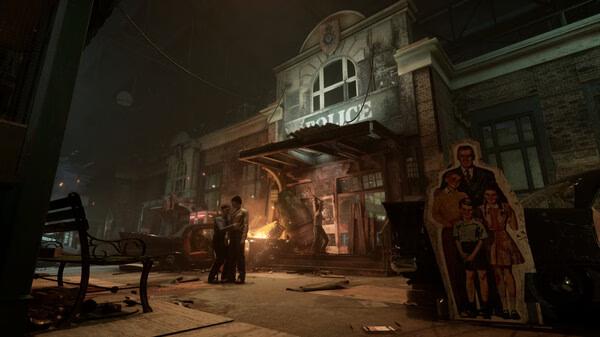 Screenshot from The Outlast Trials showing a dimly lit, abandoned police station with two mannequins and scattered debris.