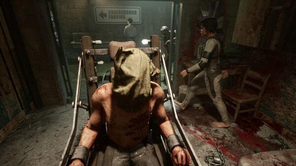 A tense moment in 'The Outlast Trials' screenshot shows a restrained figure in a chair, with others moving in a dim, grimy room.