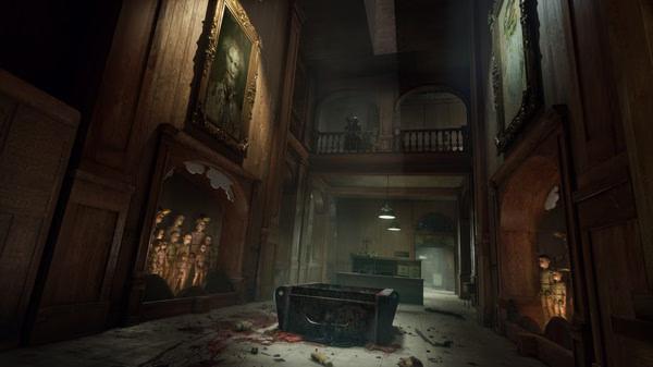 Screenshot from The Outlast Trials showing a dimly lit room with eerie portraits and scattered debris on the floor.