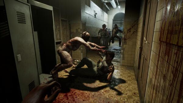 Screenshot from The Outlast Trials showing a player attacked by a creature in a blood-stained hallway with others approaching.