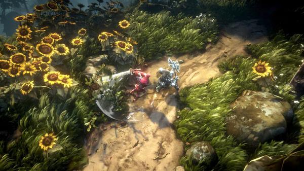 Screenshot from 'No Rest for the Wicked' showing two armored characters battling in a field of sunflowers.