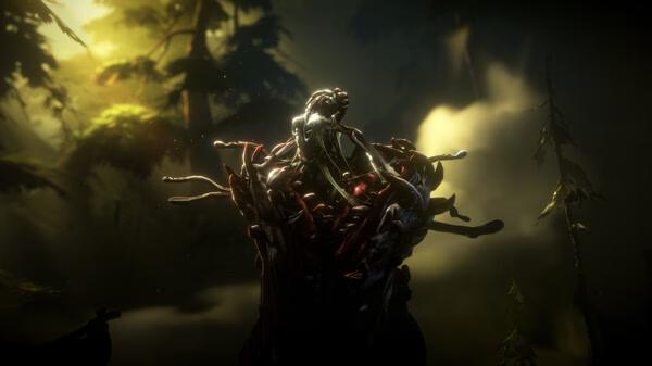 A screenshot from 'No Rest for the Wicked' showing a twisted creature in a dark forest with eerie lighting and fog.