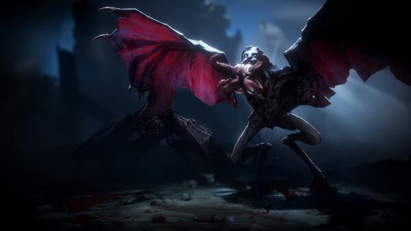 Screenshot from No Rest for the Wicked showing a dark, ominous creature with large red wings in a shadowy landscape.