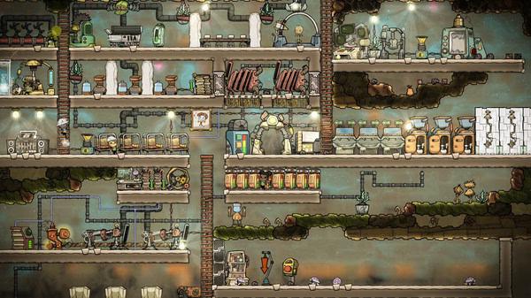Oxygen Not Included screenshot: A bustling underground colony with machines, storage units, and duplicants managing resources and tasks.