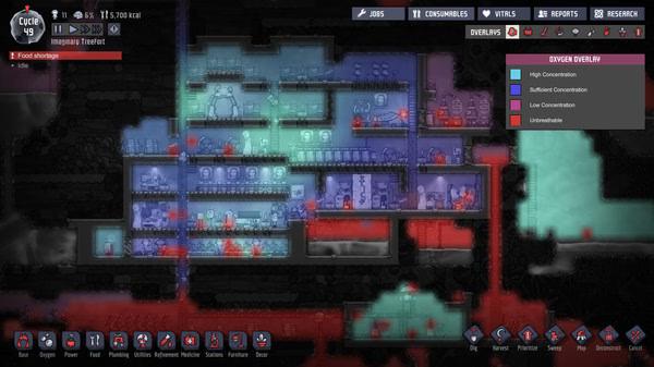 Screenshot of Oxygen Not Included showing a colony base with oxygen levels displayed in blue and red hues indicating concentration.