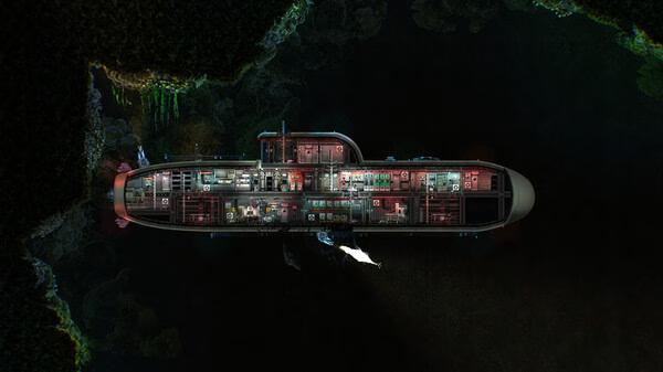 Screenshot from Barotrauma showing a detailed side view of a submarine navigating through dark underwater terrain.