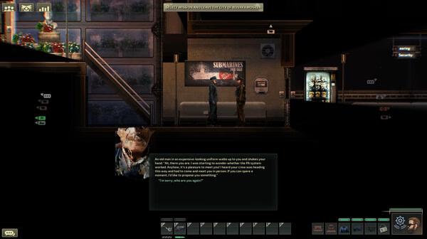 Barotrauma screenshot: Two characters stand inside a submarine near a sign labeled "Submarines," surrounded by control panels.