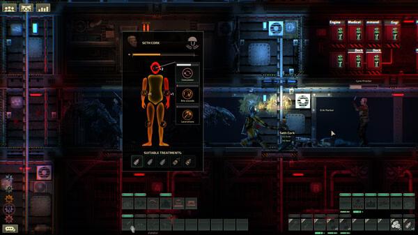 Barotrauma screenshot: Crew member treats an injured character in a dimly lit submarine, with status indicators and equipment visible.