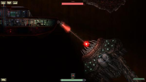 Barotrauma screenshot: A submarine fires lasers at a large, glowing sea creature in an underwater environment.