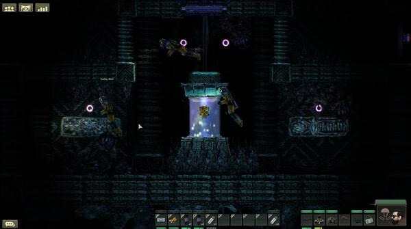 Screenshot from Barotrauma showing a dark underwater scene with divers near a glowing artifact in an ancient structure.