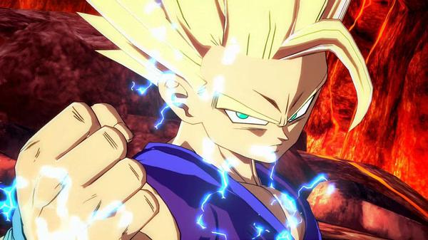 DRAGON BALL FighterZ screenshot: A character with glowing blue energy clenched fist stands against a fiery background, ready to battle.