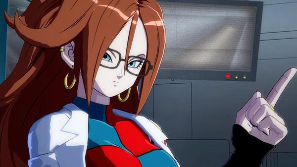 DRAGON BALL FighterZ screenshot: A character with red hair, glasses, and a lab coat points upward in a futuristic setting.
