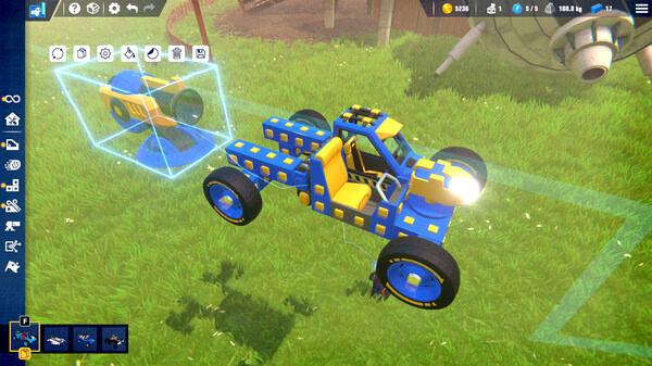 Screenshot from Trailmakers showing a colorful, blocky vehicle being constructed in a grassy area with various tools visible.