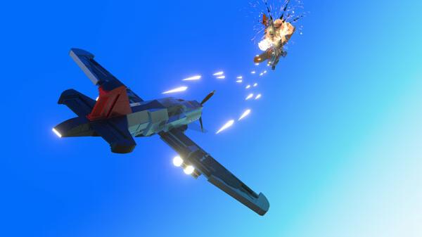 A Trailmakers screenshot showing a futuristic jet firing at an exploding aircraft against a clear blue sky.