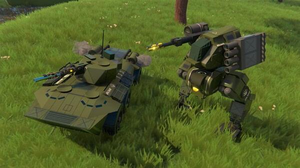 Trailmakers screenshot showing a green tank and a mech on a grassy field, both equipped with weapons and ready for action.