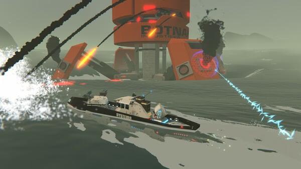 Trailmakers screenshot: A custom-built boat fires weapons at a large orange structure in the water, surrounded by explosions and effects.