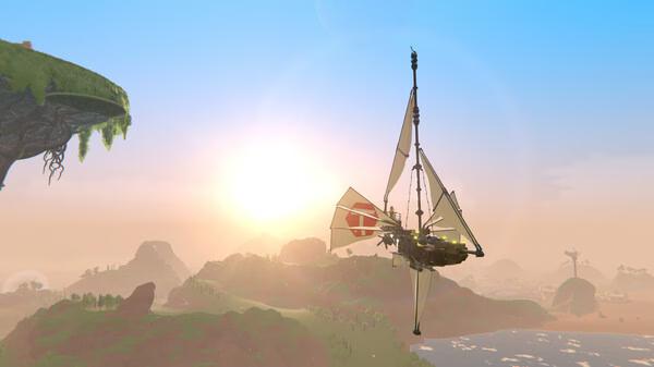Screenshot from Trailmakers showing a flying vehicle with sails gliding over a scenic landscape at sunrise.