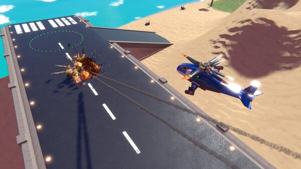 Trailmakers screenshot: A plane flies over a runway with an explosion on the tarmac, set against a coastal landscape.