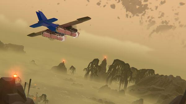 Trailmakers screenshot: A blue aircraft flies over a misty landscape with jagged rocks and eerie lights in the background.