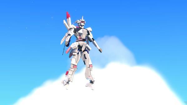 Trailmakers screenshot: A white and red robot-like creation resembling a mech floats above clouds under a bright blue sky.