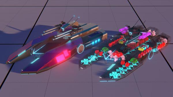 Trailmakers screenshot featuring futuristic vehicles with neon lights and weapons on a grid-patterned surface.