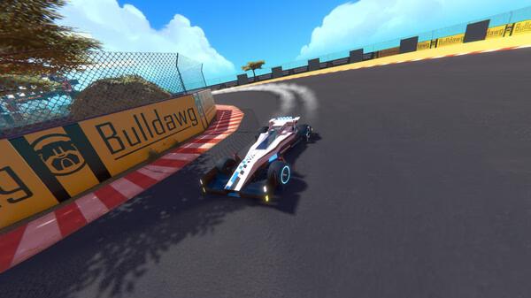 Trailmakers screenshot: A sleek race car drifts around a track corner, leaving tire marks on the asphalt under a bright sky.