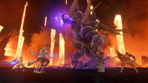 Screenshot from Granblue Fantasy: Relink showing characters battling a large, horned creature in a fiery landscape.