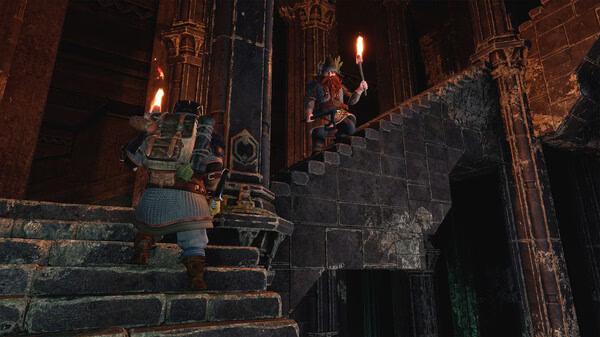 Screenshot from The Lord of the Rings: Return to Moria showing two dwarves exploring a dimly lit stone staircase with torches.