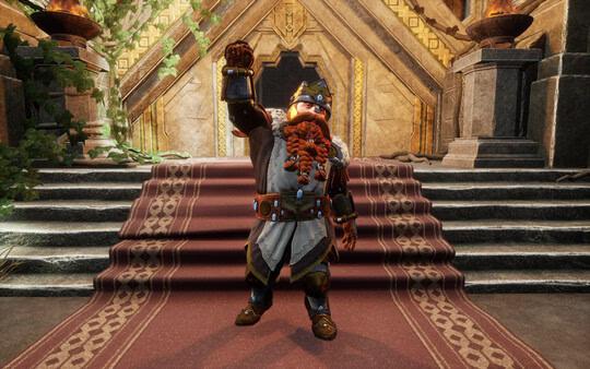 A screenshot from The Lord of the Rings: Return to Moria showing a dwarf raising a fist in front of a grand stone staircase and golden decor.