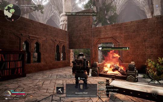 Screenshot from 'The Lord of the Rings: Return to Moria' showing a player character in front of a blazing forge inside a stone workshop.