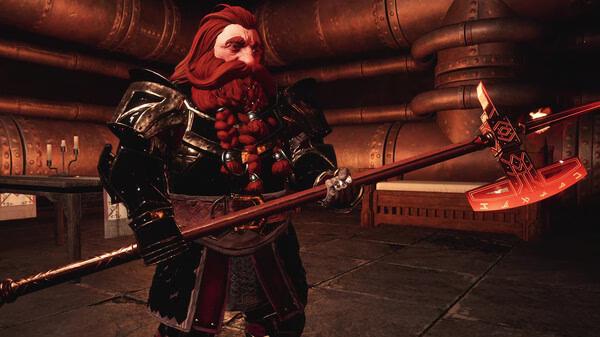 A dwarf warrior holds an ornate glowing axe in a dimly lit chamber. Screenshot from The Lord of the Rings: Return to Moria.