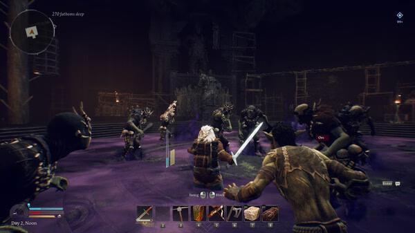 Screenshot from The Lord of the Rings: Return to Moria. A player character faces a group of orcs in a dimly lit cave.