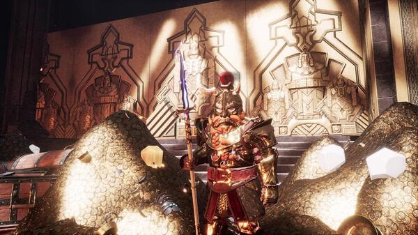 A screenshot from The Lord of the Rings: Return to Moria showing a dwarf in golden armor surrounded by piles of treasure.