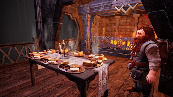 A dwarf stands by a feast-laden table in a stone hall in a screenshot from The Lord of the Rings: Return to Moria.
