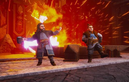 Screenshot from The Lord of the Rings: Return to Moria showing two characters celebrating near a fiery forge.