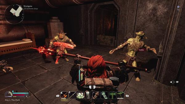 Screenshot from The Lord of the Rings: Return to Moria showing a player character facing two goblins in a dimly lit room.