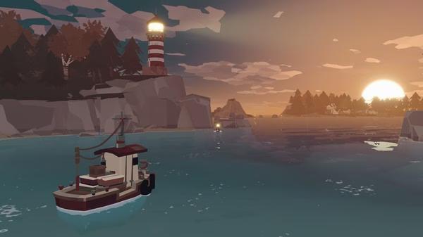 A DREDGE screenshot showing a small fishing boat on calm waters near a lighthouse at sunset with rocky cliffs in the background.