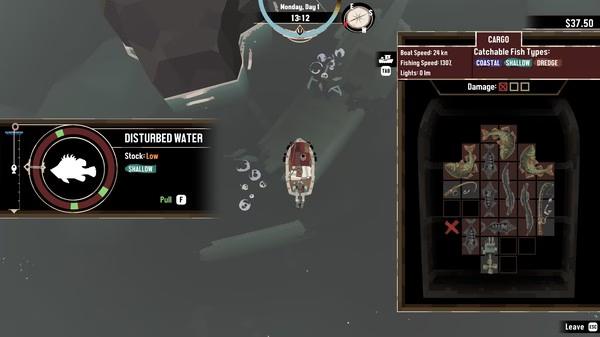 DREDGE screenshot: A fishing boat near disturbed water, cargo shows various fish types, and a map highlights fishing zones.