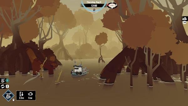 DREDGE screenshot: A small fishing boat navigates through a foggy mangrove swamp surrounded by towering trees.