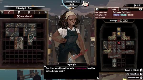 DREDGE screenshot: Shipwright stands in workshop with tools; repair menu and cargo visible alongside dialogue about a crimson glow.