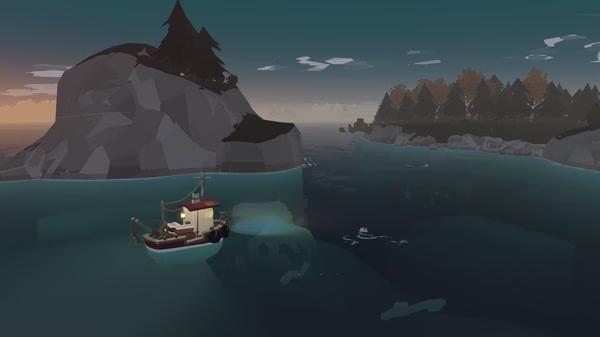 Screenshot from DREDGE showing a fishing boat navigating calm waters near rocky islands under a twilight sky.