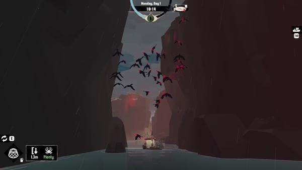Screenshot from DREDGE showing a fishing boat navigating through a narrow canyon with ominous birds flying overhead.