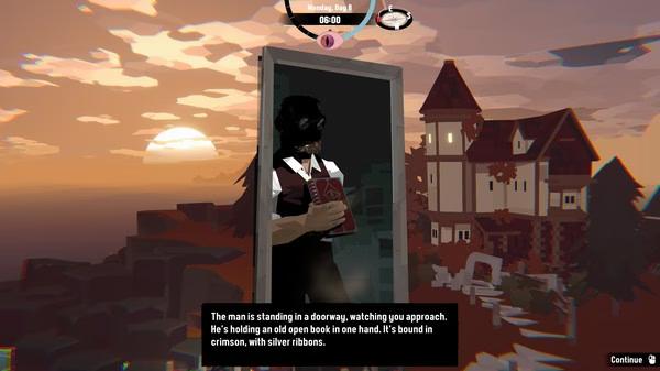 A man stands in a doorway holding a book in DREDGE. The background features a castle. Screenshot shows dialogue box below.