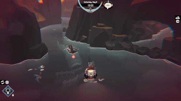 A DREDGE screenshot featuring a boat navigating dark waters, with a glowing-eyed sea creature looming nearby among rocky cliffs.