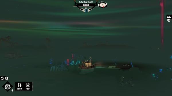 Screenshot from DREDGE showing a fishing boat illuminated by eerie green and purple lights under a starry night sky.
