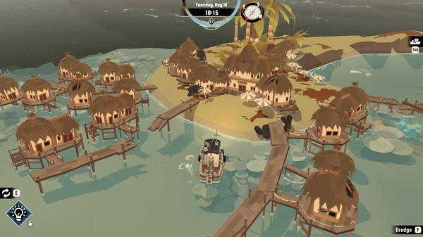 DREDGE screenshot: A boat navigates around a coastal village with hut structures on stilts, surrounded by water and palm trees.