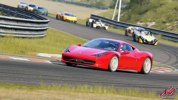 A screenshot from Assetto Corsa showing a red sports car leading a race on a winding track with other cars in pursuit.