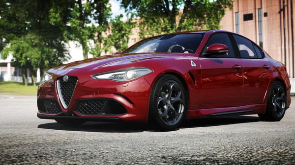 Assetto Corsa screenshot showing a red Alfa Romeo car parked on a sunny day with trees and a building in the background.