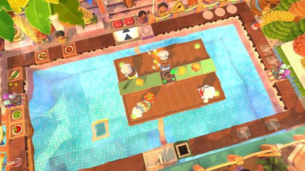 Overcooked! 2 screenshot: Chefs frantically prepare dishes on a floating kitchen surrounded by water in a tropical setting.