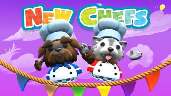 Screenshot from Overcooked! 2 showing two animated chefs, a dog and a cat, standing on a colorful rope with balloons in the sky.